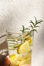 Cold vitamin drink with lemon and sprig of rosemary on light background