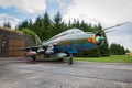 Cold war era Eastern German Air Force Sukhoi Su-22 Fitter fighter jet plane on display at Laage airbase. Germany - August 23, 2014