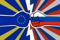 Cold war of the EU and russia. EU flag fist vs russian flag fist. European union sanctions. European russian military Royalty Free Stock Photo