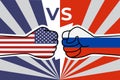 Cold war of the USA and russia. US flag fist vs russian flag fist. American russian military confrontation. Vector flat icon Royalty Free Stock Photo