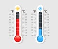 Cold warm thermometer. Temperature weather thermometers with celsius and fahrenheit scale. Thermostat meteorology vector Royalty Free Stock Photo