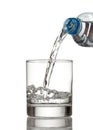 Cold water bottle pour water to glass on white Royalty Free Stock Photo