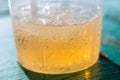 Cold water with ice cubes in plastic glass, Water drops, Close up & Macro shot, Selective focus, Healthy Drink concept Royalty Free Stock Photo