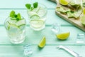 Cold water with ice, cucumber and lime juice for summer healthy drink on mint green wooden background Royalty Free Stock Photo