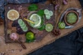 Cold water with lemon, kaffir lime, cucumber and mint leave on wooden background