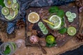 Cold water with lemon, kaffir lime, cucumber and mint leave on wooden background