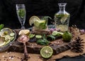 Cold water with lemon, kaffir lime, cucumber and mint leave on wooden background