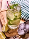 Cold water with lemon mint leaf. Lemonade with lime slice. Royalty Free Stock Photo