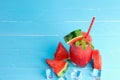 Cold watermelon juice smoothie refreshing drinks for a healthy summer on blue background Royalty Free Stock Photo
