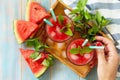 Cold Watermelon Smoothie. Summer Watermelon drink in glasses and slices of watermelon Royalty Free Stock Photo