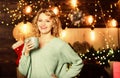 cold weather. Cheerful woman feel cosy.. Time to celebrate. xmas mood. Woman drink cocoa. winter holidays. morning Royalty Free Stock Photo