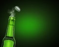 Cold wet open beer bottle with smoke on green background Royalty Free Stock Photo