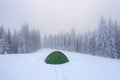 Cold winter day. Green tent stands on the snowy lawn. High spruce trees. Touristic camping rest place. Mountain landscape.