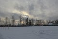 Cold winter evening in the park. The sun is setting. Frost is getting stronger.