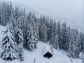 Cold winter morning in mountain foresty with snow covered fir trees. tatras, slovakia. Aerial view. Cabin alone in snow forest.