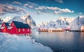 Cold winter morning in small fishing town - Hamnoy, Norway, Europe. Royalty Free Stock Photo