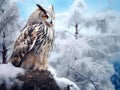 Cold winter with rare Big Eastern Siberian Eagle Bubo bubo sitting on hillock with snow in the Birch