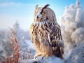 Cold winter with rare bird. Big Eastern Siberian Eagle Owl Bubo bubo sibiricus sitting on hillock with snow in the forest.