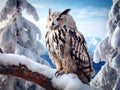 Cold winter with rare bird. Big Eastern Siberian Eagle Owl Bubo bubo sibiricus sitting on hillock with snow in the forest.