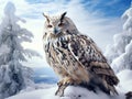 Cold winter with rare bird. Big Eastern Siberian Eagle Owl Bubo bubo sibiricus sitting on hillock with snow in the forest.