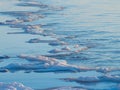 Cold winter sea shore at sunset. Tree silhouettes in the foreground Ice pieces on the sea shore. Royalty Free Stock Photo