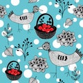 Cold winter seamless pattern with white snowballs and doodle birds. Royalty Free Stock Photo