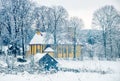 cold winter, wooden church in rural view