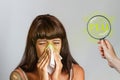 Colds and seasonal viral diseases. A brunette woman sneezes or blows her nose in a handkerchief. Hand with magnifying glass. Text