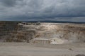 Working Limestone Quarry with Dark Clouds Overhead.