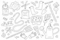 Colection of gardening and farmers tools, isolated doodle vector illustrations, garden gear, watering hose and can