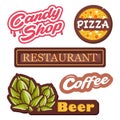 Colection vector emblems - isolated labels vector illustration. Logo for pizza, candy shop, beer, coffee, restourant.