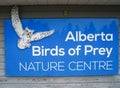 Coledale Alberta Canada, July 30 2021: The Birds of Prey Nature Center sign at the main entrance.