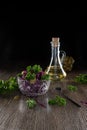 Coleslaw and green olives, oil. Health menu Royalty Free Stock Photo