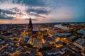 Cologne Koln Cathedral during sunset , drone aerial vie over Cologne and the river rhein during sunset in Germany Europe