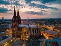 Cologne Koln Cathedral during sunset , drone aerial vie over Cologne and the river rhein during sunset in Germany Europe