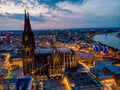 Cologne Koln Cathedral during sunset , drone aerial vie over Cologne and the river rhein during sunset in Germany Europe