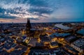 Cologne Koln Cathedral during sunset , drone aerial vie over Cologne and the river rhein during sunset in Germany Europe