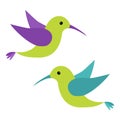 Colibri flying bird icon set. Cute cartoon character. Hummingbird logo. Green, blue, violet, color.
