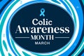 Colic Awareness Month with blue ribbon and white typography in the center.