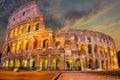 Coliseum enlighted at sunrise, Rome, Italy, no people Royalty Free Stock Photo