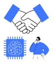 Collaboration between Artificial Intelligence and Human Thinking Represented by Handshake and Brainchip Royalty Free Stock Photo