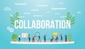 Collaboration business concept with team people working together with big text and text related spread - vector