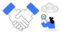 Collaboration and Teamwork Concept with Handshake, Cloud Technology, and Magnifying Glass Elements Royalty Free Stock Photo