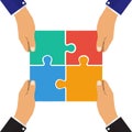 Collaboration concept. Cooperation, teamwork. Successful solution puzzle. Symbol of partnership. Vector, flat design