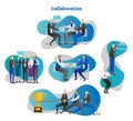 Collaboration concept scenes collection with office people working together in conceptual corporate work space,vector illustration Royalty Free Stock Photo