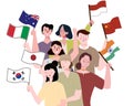 Collaboration between country concept people holding national flag white isolated background with flat cartoon style