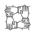 Collaboration, four human hands covering each other. Vector