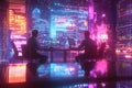 Collaboration in a futuristic workspace two professionals engaged in data analysis amidst a dynamic neon cityscape Royalty Free Stock Photo