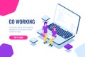 Collaboration isometric, coworking space, young people programmer developer, laptop with program code cartoon