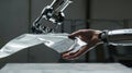 A collaboration of a robotic arm and human hand working together to manipulate a sheet of metal into a perfectly curved